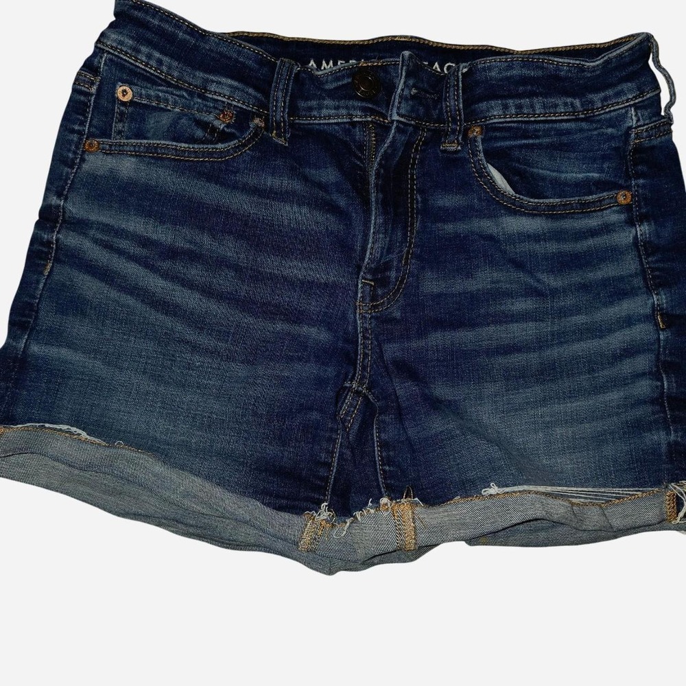 American Eagle Super Stretch Navy Blue Denim Shorts Raw Hem Womens Size 8